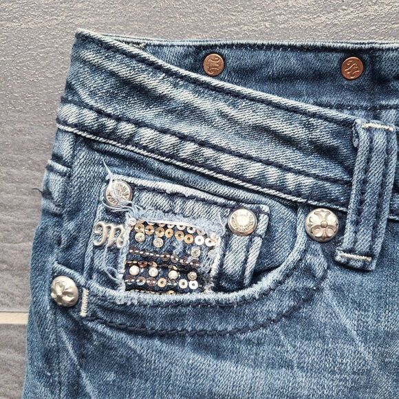 Miss Me Signature Rise Boot Cut Sequin & Embroidered Pockets Blue Denim Jeans 28 - Picture 11 of 16